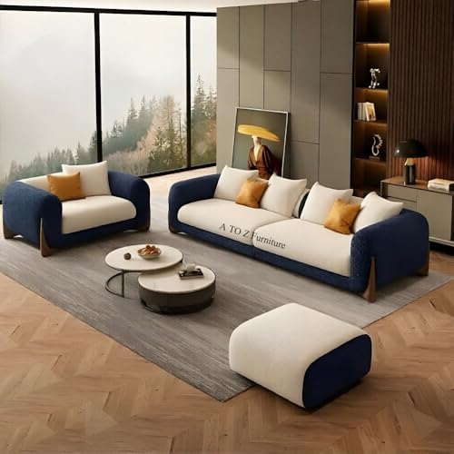 Image of A to Z Furniture Classic Chesterfield Sofa Set Luxury Chesterfield Sofa in for Home Living Room & Office (3+1=4 Seater Sofa with Ottoman Blue & Beige)