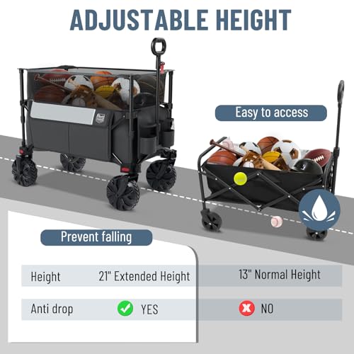 Image of Timber Ridge Foldable Wagon 350L Extendable Height, Large Capasity Collapsible Wagon Cart with All Terrians Detachable Wheels, Compact Folding Utility Wagon for Camping, Fishing, Shopping Grey