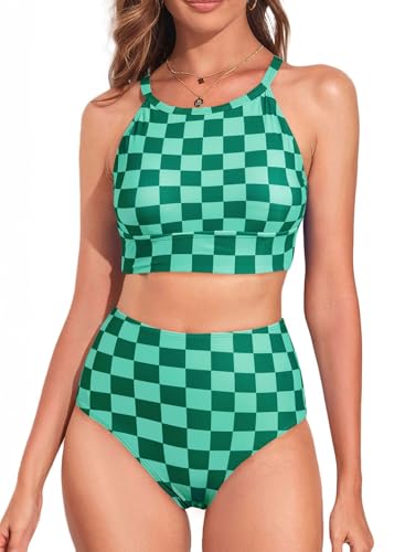 Image of Herseas Women's Bikini Sets High Neck Tropical Leaf Print High Waisted Two Pieces Swimsuits Bathing Suits