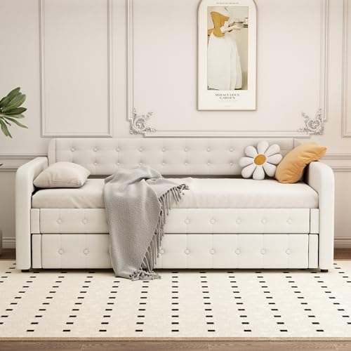 KAZZIO 90 x 200 cm, divano letto, con letto a rotelle estraibile, ampio spazio (beige chiaro)