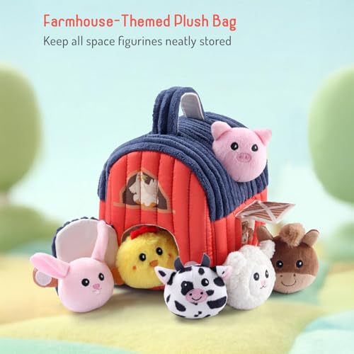Image of Bonfino Premium Barn House Playset with Carry Handle for Kids, 7 Plush Animal Figurines, Educational Montessori Learning Toy for Toddlers, Soft Pretend Play Set, Birthday Gift for Boys & Girls