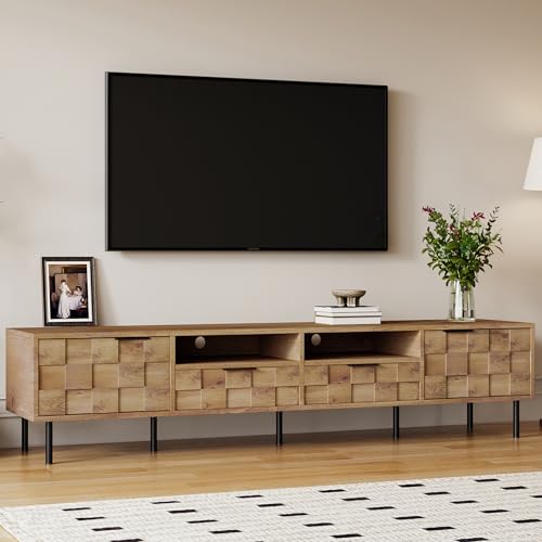 Virubi Modern TV Stand for TVs up to 85", Mid-Century Media Console with Checkered Cabinet Doors, Storage Drawers & Open Shelves, Wood Entertainment Center with Metal Legs