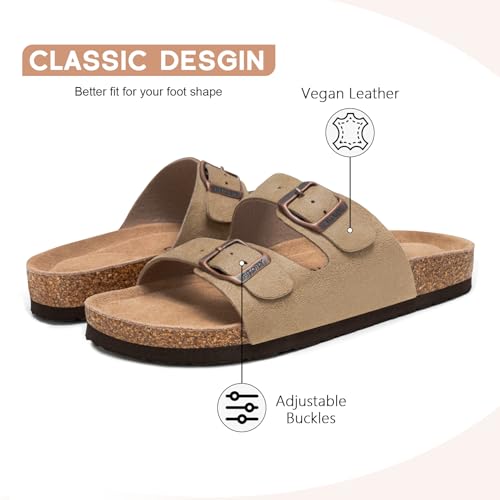 Image of FITORY Womens Flat Sandals with Cork Footbed, Open Toe Arch Support Slides Adjustable Slip On Slippers for Summer 2026 Size 6-11