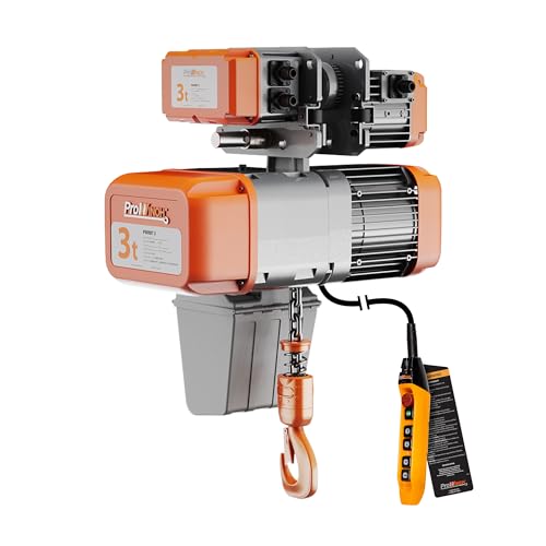 Prowinch 3 ton Electric Chain Hoist w/Power Trolley 1 Speed 208~240V 3ø 60HZ 16ft G100 Nickel Duty H4/M5, Heavy-Duty Engine Hoist for Warehouse, Factory & Industrial Lifting