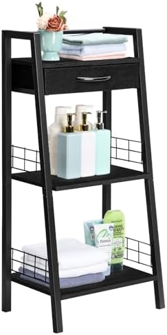 MOOACE 3 Tier Bathroom Ladder Shelf, Freestanding Bathroom Shelves Storage Rack with Drawer, Open Shelving Unit Makeup Shelf Small Bookshelf for Bathroom Living Room Bedroom Balcony, Black