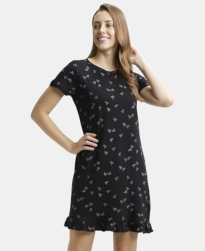 Image of Jockey RX25 Women Micro Modal Cotton Ruffled Hem Styled Half Sleeve Printed Sleep Dress (Colors & Prints May Vary)