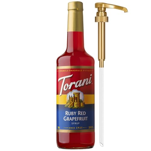 Image of Torani Ruby Red Grapefruit Syrup for Drinks, Flavoring for Sodas and Cocktails, Glass Bottle with Pump Included, 25.4 Fl Oz
