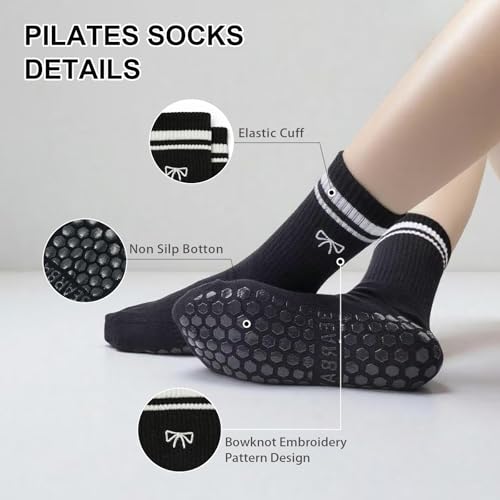 Image of Non-Slip Pilates Yoga Socks for Women Cotton Crew Striped Bow Embroidery for Barre Ballet Dance Workout