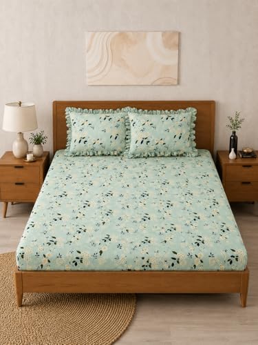 Image of 380 TC Premium Glace Cotton Elastic Fitted Bedsheet King Size with 2 Pillow Covers King Size | Double Bed with All Around Elastic (Green, Fitted - Double72x72)