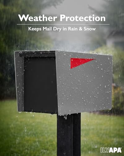 Image of Ilyapa Modern Mailbox for Post Mount - Gray with Black Door Powder Coated Steel, Waterproof Letter Box for Parcels, with Recessed Magnetic Close Door
