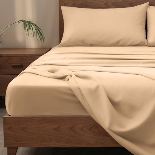 Image of Slumberfy 4-Piece 400 TC Viscose Derived from Bamboo Sheets, Full Size - 1 Fitted, 1 Flat, 2 Pillow Cases - Deep Pocket Cooling Viscose-Bamboo Bed Sheets in Magnetic Closure Gift Box, Sand