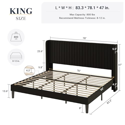 Allewie King Size Velvet Bed Frame/Vertical Channel Tufted Wingback Headboard/Upholstered Platform Bed/Strong Wooden Slats/No Box Spring Needed/Easy Assembly/Black