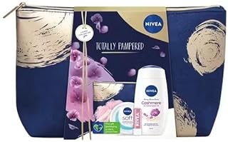 Nivea Totally Pampered Gift Set, NIVEA Cashmere & Cotton Seed Oil Shower Cream250ml, NIVEA Soft Moisturising Cream 200ml, NIVEA Pearly Shine Caring Lip Balm 5.5ml, Shower Puff & Cosmetic Bag