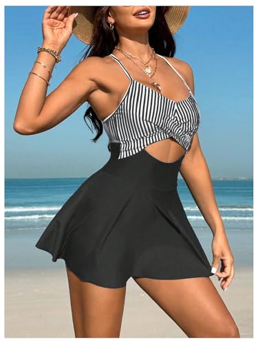SHENHE Women's Cut Out One Piece Swimsuit Swimdress Striped Tummy Control Skirt Bathing Suit2
