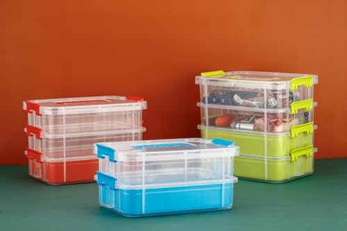 Image of plastic boxes for Storage transparent boxes for storage, Portable & Stackable Space Saving Organiser with Lid for Medicine, Jewelry, Arts & Crafts, Buttons, Beads (Blue, 3 TIER)