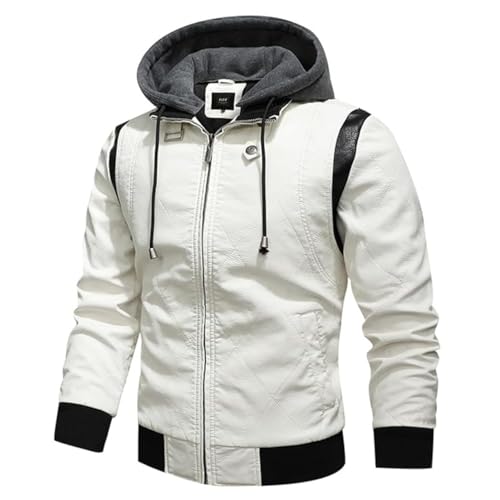 Image of Men's Faux Leather Jacket Zip-Up Winter Motorcycle Jacket Bomer Casual Windproof Coat with Removable Hood