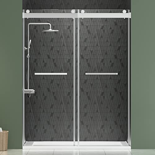 Delavin 56"-60" W X 75" H Frameless Shower Door, Double Sliding Shower Door, 5/16"(8Mm) Clear Tempered Glass, Noiseless Shatterproof Glass Shower Door With Square Rail, Stainless Steel, Aluminum #TOP1