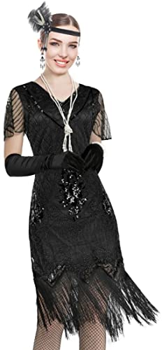 Image of Women 1920s Gatsby Vintage Sequin Flapper Fringe Party Plus Dress with 20s Accessories Set