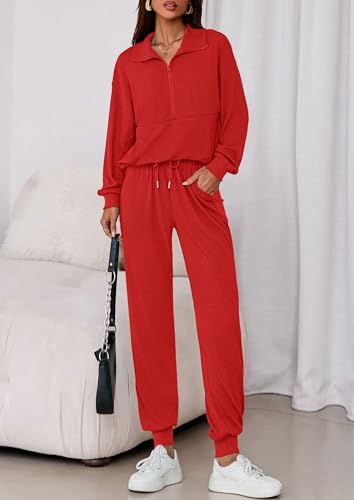 Image of PRETTYGARDEN Women 2 Piece Ribbed Knit Matching Lounge Sets | Comfy Sweat Track Suits, Athleisure Casual Outfit, Half Zip Sweatshirt & Jogger Pants, Fall Winter Clothes for Airport Travel
