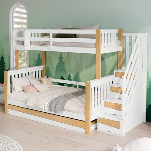 Lubvtti Litera Infantil 90/120x200cm,Cama Infantil con Cama Nido y Escalera de Almacenamiento,literas Juveniles con protección anticaída,Estructura de Cama de Matrimonio de Madera Maciza,Blanco - imagen 5