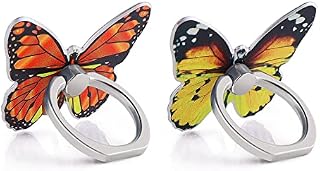 Cobee Butterfly Cell Phone Ring Stand Holder, 2 Pcs Cute Butterfly Pattern Painted Metal Finger Stand Kickstand 360°Rotation Phone Ring Holder Stand Ring Hand Grip with Knob Loop(Yellow, Orange)