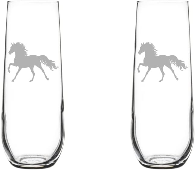 MIP Set of 2 Glass Champagne Flutes Sparkling Wine Glasses Horse (8.5 oz Stemless)