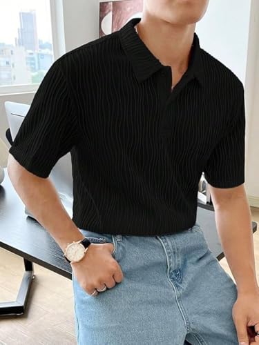 Image of Leriya Fashion Cotton T-Shirt for Men - Soft Breathable Fabric | Regular Fit Half Sleeve Collar Tee for Summer Casual Wear Black