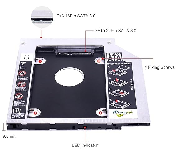 Image of 9.5mm Caddy | Caddy | for SATA 2.5 inch HDD / SSD | Universal Caddy for 9.5mm Universal CD /DVD Slot | Upgraded Version | for Laptop