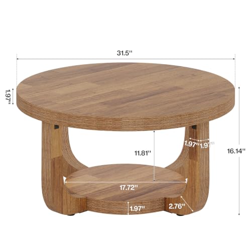 Image of Tribesigns Round Coffee Table, 2-Tier Circle Coffee Table with Storage, Modern Wooden Accent Center Table for Living Room, Thick Tabletop & Base (Rustic Brown)