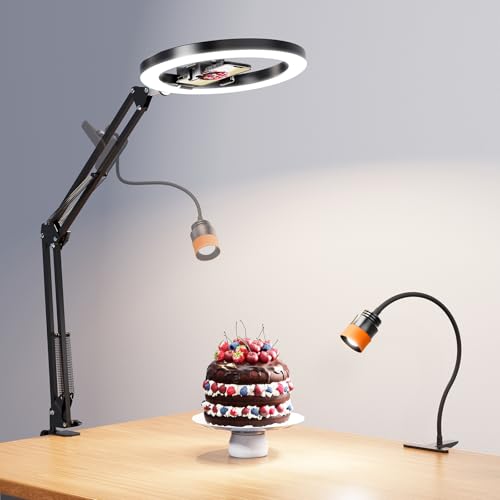 Ring Light with Stand Overhead Phone Mount for Desk & Zoomable Spotlight, 2-in-1 Lighting Kit with Ring Light Tripod for iPhone, 30+ Lighting Modes, Ideal for Video Recording,Cooking,Content Creation