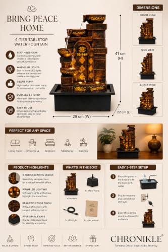 Image of CHRONIKLE Polyresin Designer Table Top Indoor Home Decor 4 Steps Waterfall Fountain with Yellow LED Lights & Water Flow Controller Pump (Size: 40 x 29.5 x 22CM | Weight: 2185grm | Color: Golden Brown)