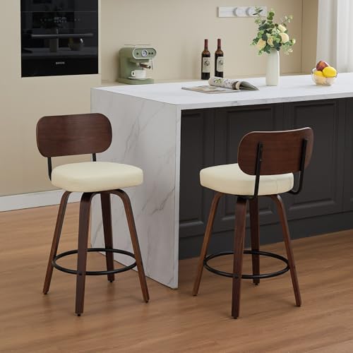 Image of YaFiti Swivel Bar Stools Set of 2, 26 inch Upholstered Faux Leather Counter Height Barstools with Walnut Back & Bentwood Legs, Mid Century Modern Bar Chairs Island Stools for Kitchen Counter, Beige PU