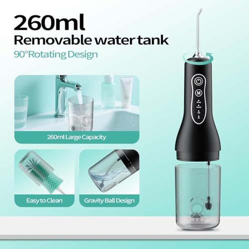 Image of FlossJet Water Flosser for Teeth, 2026 Upgraded Portable Dental Irrigator with 260ml Removable Tank, 4 Cleaning Modes & 5 Jet Tips, IPX6 Waterproof, 1300 mAh Rechargeable Battery Teeth Cleaner (Black)