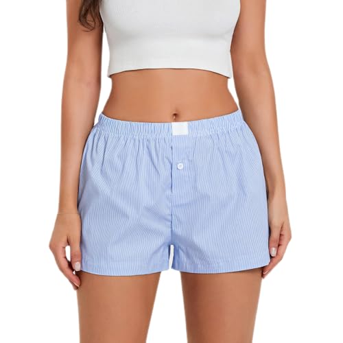 Image of Pivanzore Y2k Plaid Shorts for Women Casual Elastic Waist Aesthetic Lounge Bottom Baggy Pajama Shorts Boxers Sleepwear