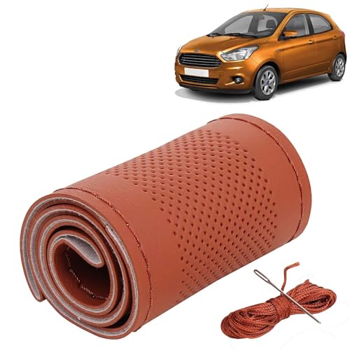 Image of KINGSWAY PU Leatherite Car Steering Cover Sewable Compatible with Ford Fi-N-Go (Year 2014-2021), Tan Color with Tan Thread, Pack of 1 with Sewing Needle and Thread