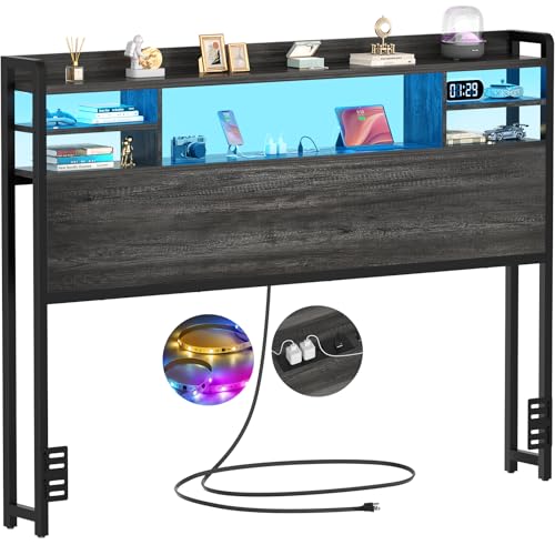 Aheaplus Headboard for Full Size Bed with Storage, Headboards with LED Light, Power Outlets, USB Ports Full Size Head Board, Wood headboard Only Sturdy and Stable Headboards, Modern, Black Oak