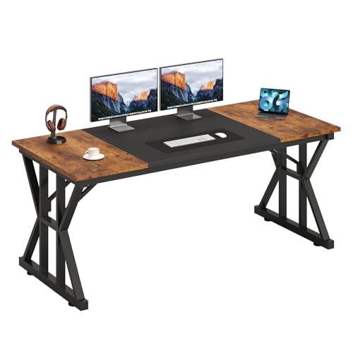 Image of 63 inch Large Computer Desk with Thickened Frame for Home Office, Living Room | Modern Simple Executive Desk, Larger Gaming Desk with X-Shaped ReInchforcement, Rustic Brown /Black