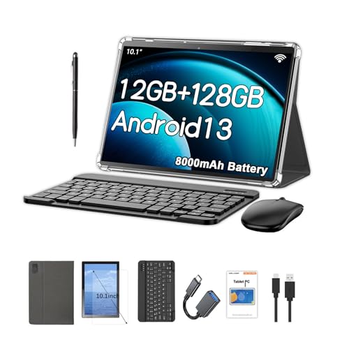 Image of Crelander 10.1 Inch Android 13 Tablet with SIM Card Slot 4G LTE Calling,12GB+128GB, 8000mAh Battery, Dual Camera, Bluetooth /WiFi, Bundle with Case, Keyboard, Mouse & Stylus (Gray)