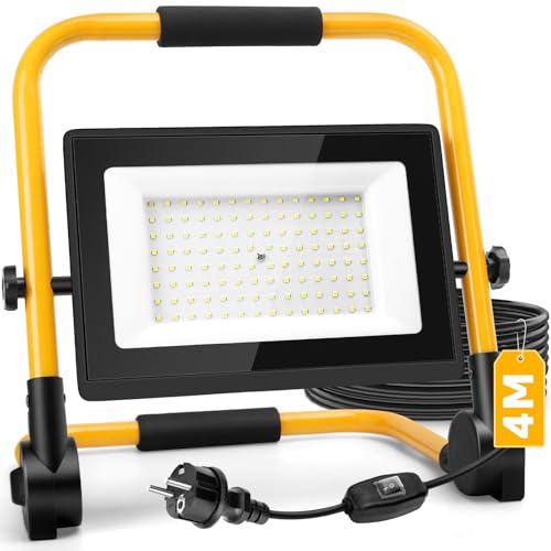 Aigostar Foco de Trabajo LED 100W,Foco LED Portátil con Cable de 4M,Enchufes Con Interruptor Estanco,9000LM,IP65 Impermeable,Soporte plegable,Uso en Interior y Exterior,para Obra, Taller,6500K