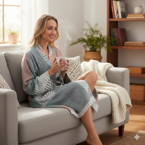 Image of Hand Block Print Organic Turkish Cotton Waffle Fabric Blue Bathrobe For Women's Ultra-Soft & Lightweight After Bath Spa Bathrobe Grey | Highly Absorbent