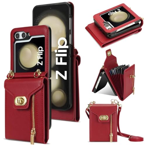 Étui portefeuille Samsung Galaxy Z Flip 8 en cuir mat rouge haut de gamme avec boucle