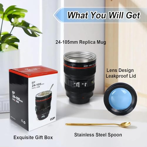 Hioicrum Camera Lens Coffee Mug, Travel Coffee Cup, 13.5 oz Stainless Steel Coffee Mug with Leakproof Lid Spoon, Novelty Gifts for Photographers Men Women Friends