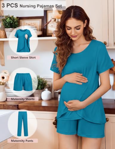 Image of Ekouaer 3 PCS Maternity Nursing Pajamas Set Postpartum Breastfeeding PJS | 3-Piece Set, Including Short Sleeve Shirts, Pregnancy Shorts & Pants, Buttery Soft, Skin-Friendly Feel