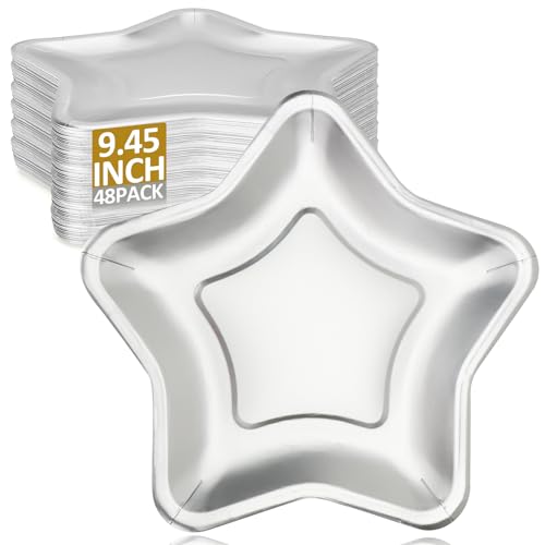CLIYTICA 48 Pack Star Paper Plates - 9.45 Silver Thick Star Shaped Plates Disposable Party Plates for Birthday Graduation Awards Night Baby Shower Wedding & Holiday Celebrations