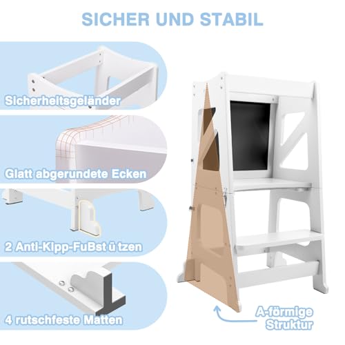 YOLEO 3 in1 Lernturm Kinder, Klappbar Montessori Lernturm ab 1,5 Jahr, Learning Tower für Kinder mit Rausfallschutz, mit doppelseitiger magnetischer Tafel, Küchen-/Badezimmerhelfer (Weiß)