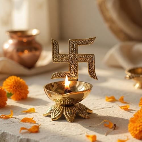 Image of Behoma 100% Pure Brass Swastik Diya for Puja | Religious Symbol Deep Deepak for Pooja Room, Tample,Mandir,Office, Diya for Home Decoration