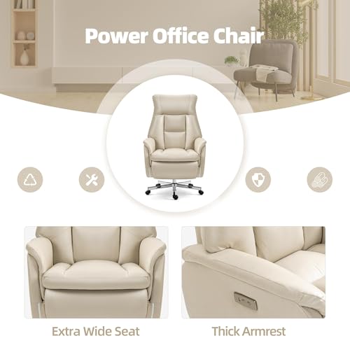 Image of ECOTOUGE Electric Office Chair with USB Charging, Recliner Executive Office Chair with Footrest, Big and Tall High-Back Desk Chair, 400LBS Weight Capacity, Microfiber, Beige