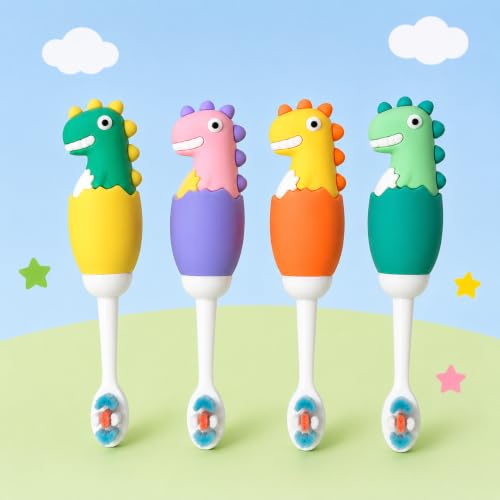 Image of Cots and Cuddles 3D Baby Dino Design Kids Toothbrush - Ultra Soft Bristles, Gentle on Gums, Manual Toothbrush for 3-6 Years, Pack of 2 (Random Color) (Dino in Egg)