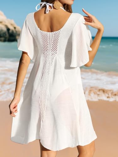 Women Swimsuit Cover Up Short Sleeve Bikini Coverups Crochet U-Neck Beach Dress3