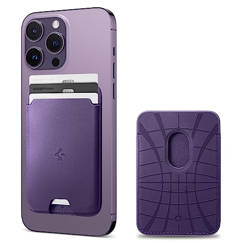 Image of Spigen for MagSafe Wallet, Holds 3 Cards, MagFit Compatible with iPhone 17 /16 /15 /14 /13 /12 Models, Pixel 10 Series, MagSafe-Cases, Pixelsnap, Plaud Note & More, Card Holder - PU Purple (3-Cards) | Vegan Leather MagSafe Card Holder for iPhone 17-12 & Pixel Series - Purple